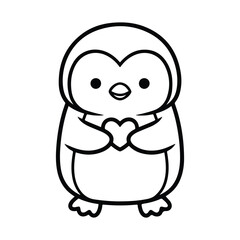 Obraz premium Cute penguin holding heart line art illustration, minimalist animal love icon, simple black outline vector for Valentine, kids design, coloring page, sticker and print use