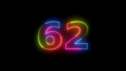 Number sixty two neon light glowing effect