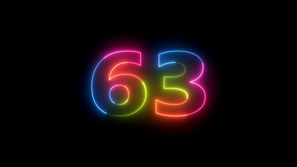 Bright neon number sixty three on black screen