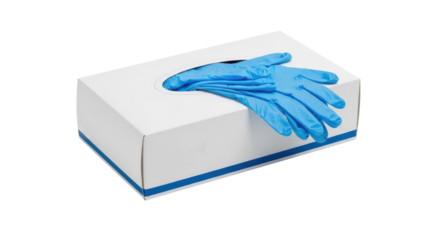 Blue latex surgical gloves peeking out of a white Med Line box image, Isolated On Png Transparent Background