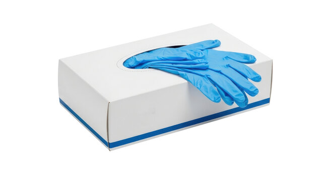 Blue latex surgical gloves peeking out of a white Med Line box image, Isolated On Png Transparent Background