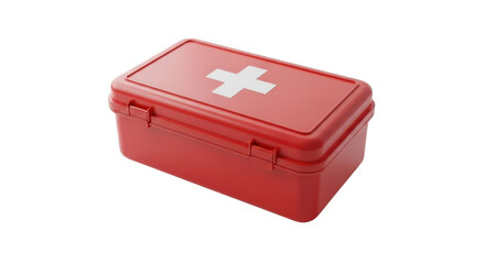 Red plastic first aid box with white cross symbol on black background image, Isolated On Png Transparent Background
