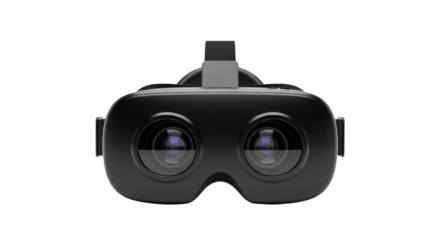 Black virtual reality headset with dual lenses and gray strap on black background goggles, Isolated On Png Transparent Background