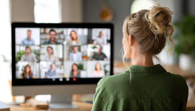 Woman with blonde hair styled in an elegant updo attending a virtual meeting on a desktop computer with multiple participants displayed on the screen