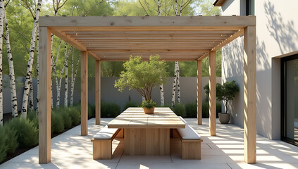 Elegant Outdoor Dining Setup with Small Tree on Table under Pergola