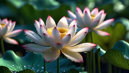 Lotus Flower graceful beauty flowers showcasing pure blossoms, smooth water reflections, delicate layers, tranquil atmosphere, and artistic botanical harmony