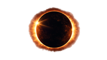 Dramatic Solar Eclipse with Fiery Corona Ring and Intense Light Burst, Glowing Cosmic Eclipse Phenomenon Isolated on Black Background, Sci Fi Space Concept