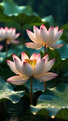 Lotus Flower serene mobile wallpaper featuring soft pink petals above calm water, gentle sunlight, dreamy bokeh, refined textures, and tranquil botanical beauty