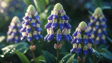 Lupine Flower captivating beauty blooms with tall colorful spikes, soft mountain sunlight, refined textures, fresh meadow atmosphere, and timeless botanical elegance