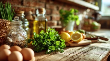Spring Cooking Preparation With Fresh Vegetables, Eggs, and Herbs on a Wooden Table in a Kitchen Setting