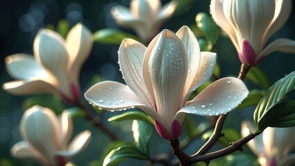 Magnolia Flower elegant beauty blooms with creamy white and blush petals, soft spring sunlight, refined textures, graceful forms, and timeless botanical charm