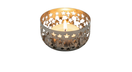 Lit tea light candle inside a silver metal star cut out lantern flame, Isolated On Png Transparent Background