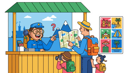 Family of tourists consulting a travel agent at a booth.