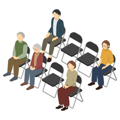 アイソメトリックイラスト：パイプ椅子に座る人(前)