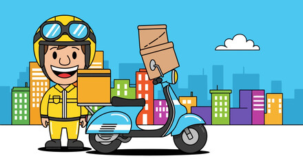 Happy Delivery Man with Scooter and Packages.