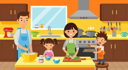 Happy family cooking together in the kitchen.