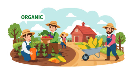 Happy farmers harvesting organic vegetables on a sunny farm day.