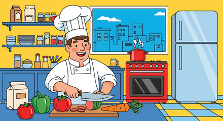 Happy Male Chef Preparing Vegetables in Kitchen.