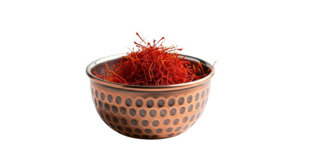 Fototapeta premium Red saffron threads piled high in a decorative copper bowl on black spice stigmas, Isolated On Png Transparent Background