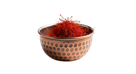 Red saffron threads piled high in a decorative copper bowl on black spice stigmas, Isolated On Png Transparent Background