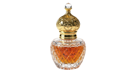 Ornate gold capped crystal perfume bottle filled with amber liquid image, Isolated On Png Transparent Background