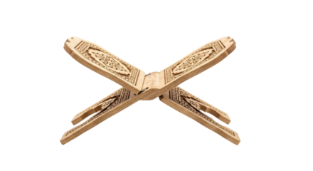 Ornate wooden Quran stand with intricate geometric carvings on black islamic, Isolated On Png Transparent Background