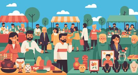 People shopping and selling at an outdoor market.