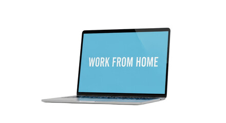 Silver laptop displaying W O R K F R O M H O M E text on a bright blue screen computer technology, Isolated On Png Transparent Background