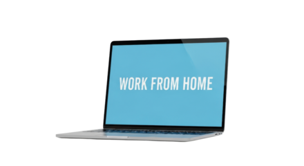 Silver laptop displaying W O R K F R O M H O M E text on a bright blue screen computer technology, Isolated On Png Transparent Background