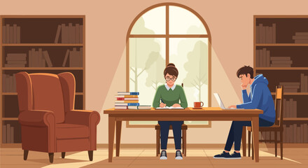 Two students studying together at a wooden table in a library.