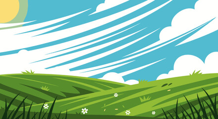 Vibrant Green Hills Landscape with Blue Sky and White Clouds.