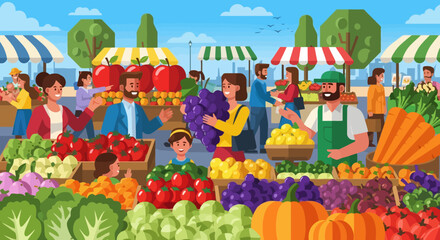 Vibrant outdoor market scene with diverse people buying and selling fresh produce.