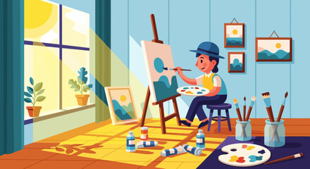 Young artist painting on an easel with a brush and palette.