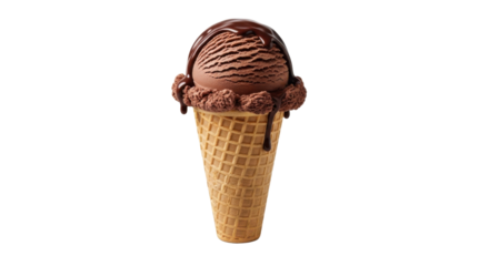 Chocolate ice cream cone with fudge sauce dripping on black background waffle, Isolated On Png Transparent Background