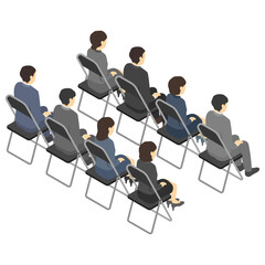 アイソメトリックイラスト：パイプ椅子に座るスーツ男女(後)