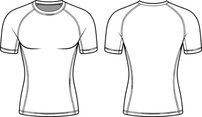 Fitted raglan athletic t-shirt vector template, front and back cad drawing flat illustration for sportswear design, garment mockup and fashion detailing