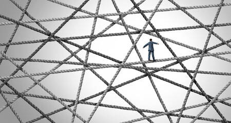 Managing Chaos as a business concept with a businessman navigating a confusing tangled network of ropes representing the metaphor for overcoming obstacles and managing challenges through a path.