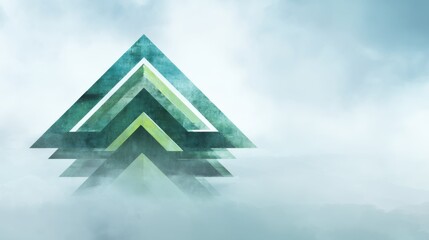 Abstract geometric design with layered triangles in shades of green and blue emerging from a soft misty background, conveying depth and tranquility