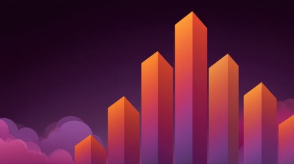 Abstract geometric representation of rising bars against a gradient backdrop of purple and orange hues, suggesting growth and success in business and finance