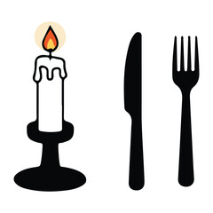 Obraz premium Romantic Dinner Icons Vector Illustration with Candle, Fork and Knife for Valentine’s Day Date and Love Concept Design