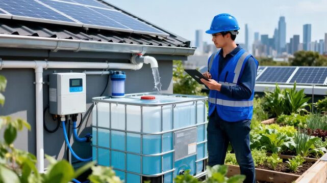 Engineer monitoring advanced rainwater harvesting system on rooftop garden to conserve water resources in urban environment.