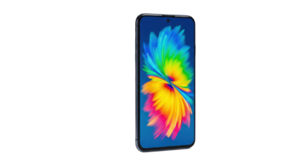 Smartphone with vibrant abstract colorful wallpaper on screen isolated on black mobile device, Isolated On Png Transparent Background