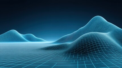 Abstract grid landscape with smooth curved hills and futuristic blue lighting on a dark background, ideal for technology and innovation themes