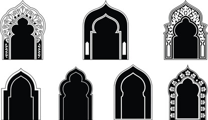 Islamic arch window collection, ornamental mosque doorway silhouettes, traditional Arabic architecture elements, black vector illustration set, isolated on white background