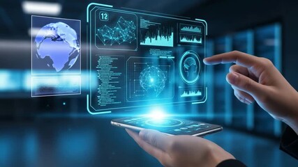 Dynamic digital interface for data analysis and global connectivity, touch screen technology for modern business solutions and information management - Powered by Adobe