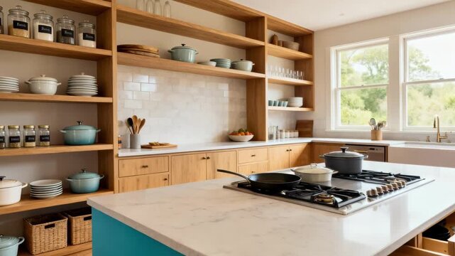 Interior view of a custom kitchen with open shelving and a spacious island highlighting unique storage and design elements based on buyer preferences.