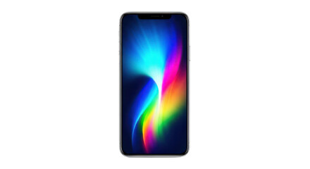 Smartphone screen displaying vibrant abstract colorful light streaks on black background image, Isolated On Png Transparent Background