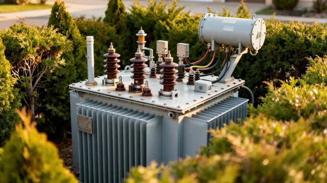 Medium shot of a compact transformer station showing detailed electrical components surrounded by greenery highlighting its role in residential voltage conversion.