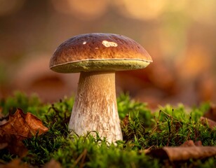 A single wild mushroom in a forest setting on moss and leaves