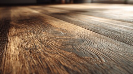 Fototapeta premium Close medium shot of woodlook luxury vinyl planks emphasizing natural grain and rich tones with the primary plank clearly focused and surrounding floor softly blurred.